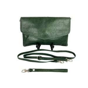 Dark Green Leather Clutch Purse Shoulder Bag Vtg Handbag Wristlet Strap British